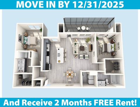 A poster advertising a move-in by 12/31/2025 with a 2 months free rent offer.